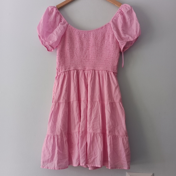 Hollister Pink Puff Sleeve Smocked Waist Tie Front Poplin Mini Dress M - Picture 3 of 8